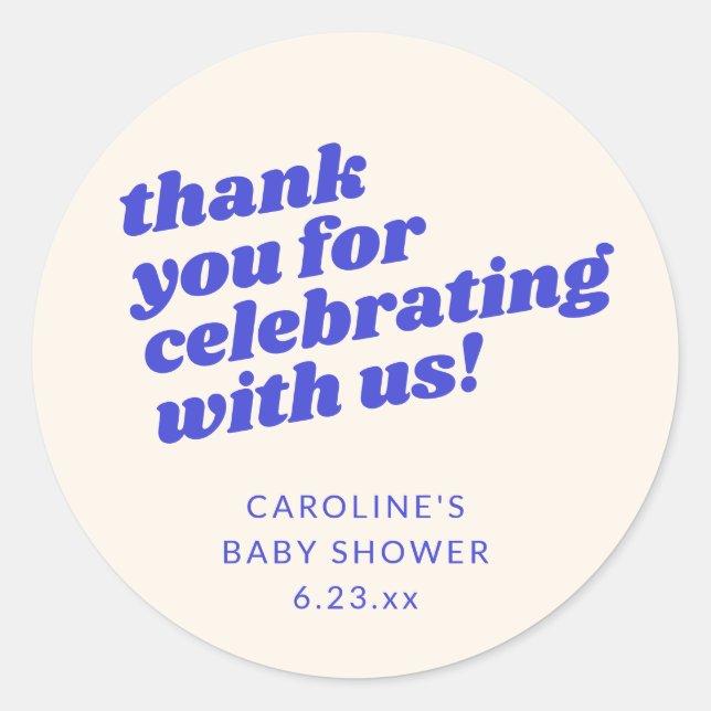Modern Bright Blue Retro Baby Shower Thank You Runder Aufkleber (Vorderseite)