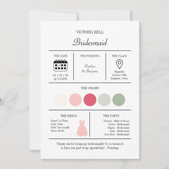 Modern Bright Pink Bridesmaid Information Card Einladung (Vorderseite)
