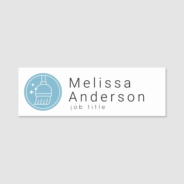 Modern Broom Logo Blue Cleaning Service Namensschild (Vorderseite)