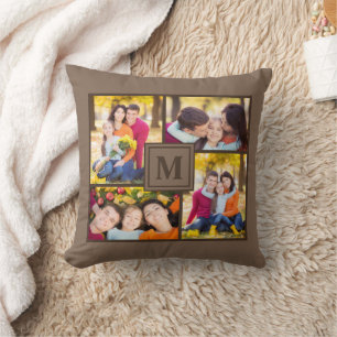 Modern Brown 4 Family Foto Collage Monogram Kissen