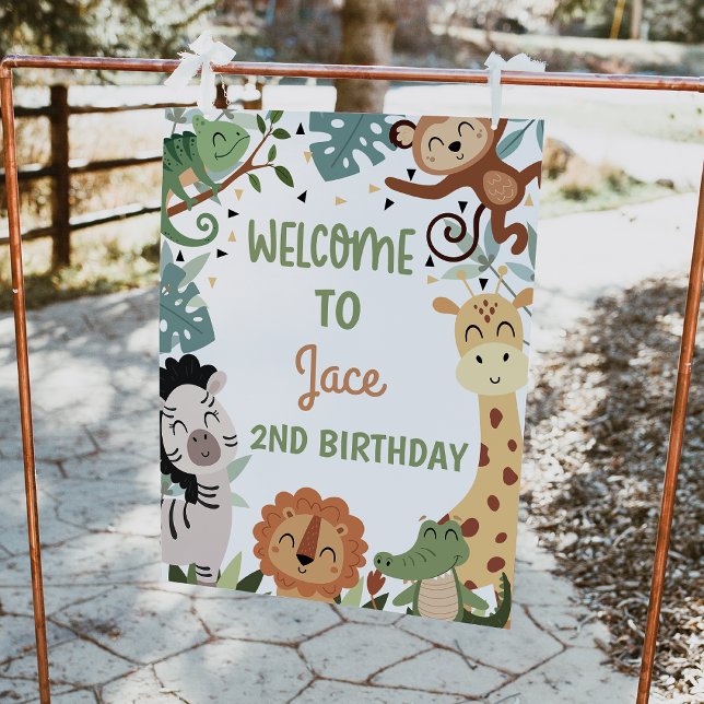 Modern Brown Wild Safari Geburtstag Begrüßungszeic Fotodruck (Boys Safari Welcome Sign, Wild Safari Welcome Birthday Party Poster, Jungle Animals Welcome Sign)