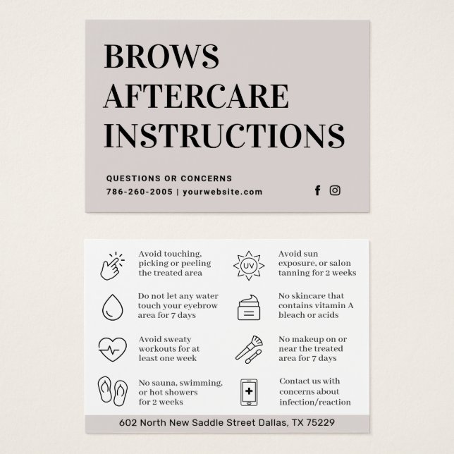 Modern Brows Aftercare PMU Brow Instructions Card  (Vorne & Hinten)