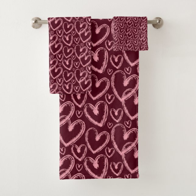 Modern Brush Heart Burgundy Pink Pattern Badhandtuch Set (Insitu)