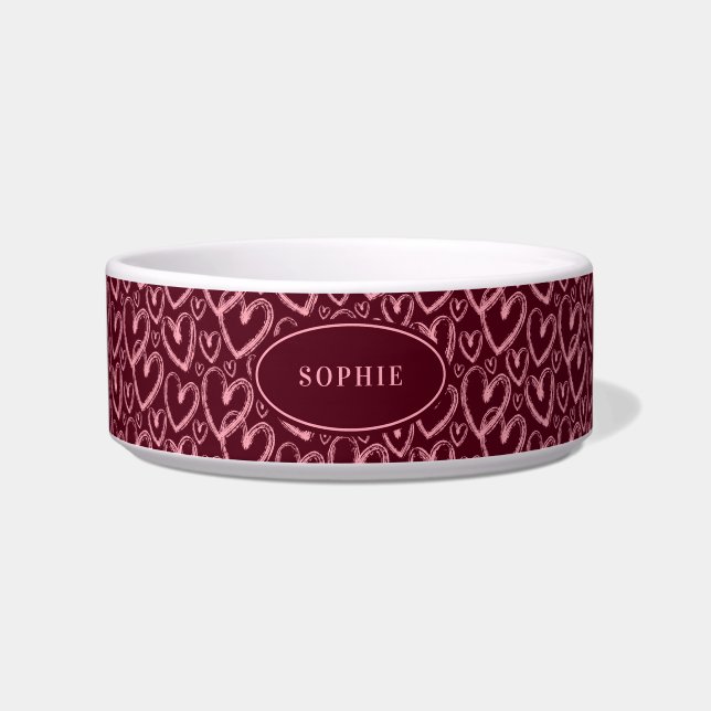 Modern Brush Heart Burgundy Pink Personalized Pet Napf (Vorderseite)