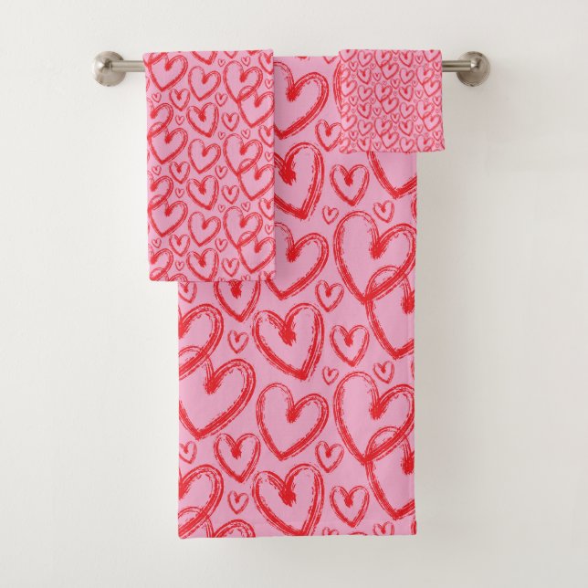 Modern Brush Heart Pink Red Pattern Badhandtuch Set (Insitu)