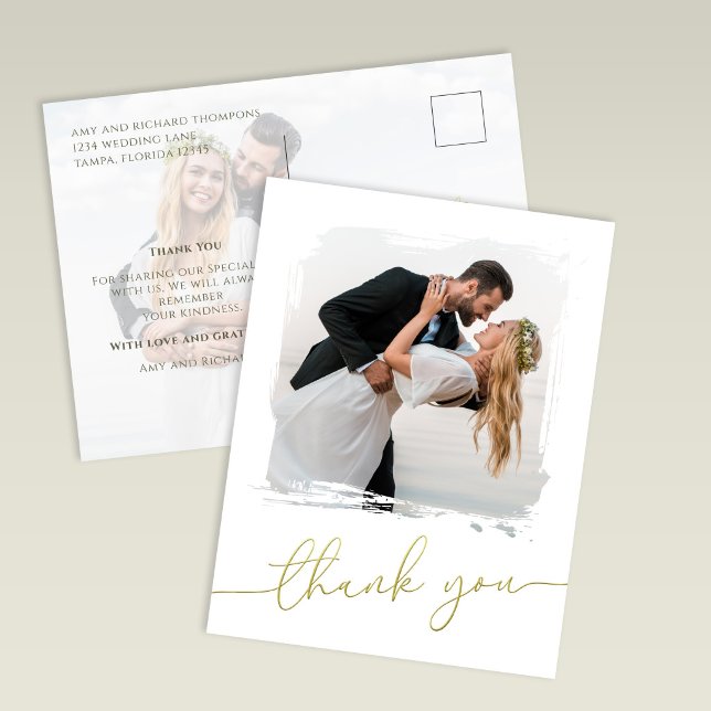 Modern Brush Photo Gold Script Wedding Thank You Postkarte (Modern wedding thank you card with brush photo overlay and gold script design)