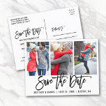 Modern Brush Script 3 Foto Save the Date Was Postkarte<br><div class="desc">Modern Brush Script Save the Date Verlobung Paar 3 Foto Postkarte Weiß</div>