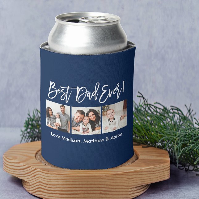 Modern Brush Script 3 Fotos Bester Vater je Blau Dosenkühler (Customize to change your personalized text size or text style.)