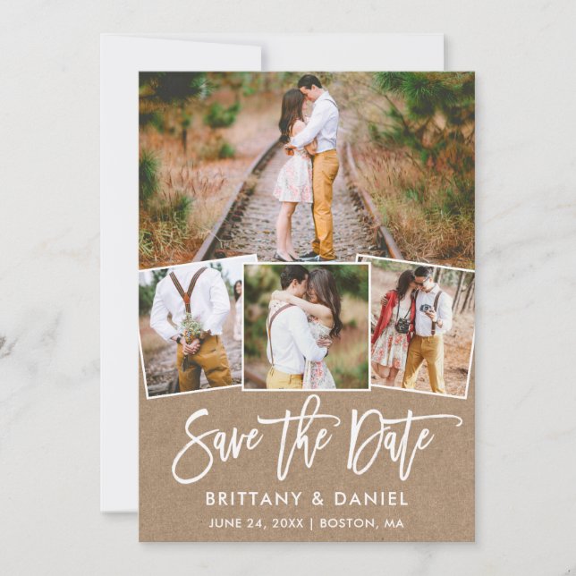 Modern Brush Script 4 Foto Collage Kraft Save The Date (Vorderseite)