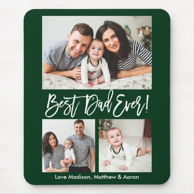 Modern Brush Script Bester Vater für 3 Fotos Grün Mousepad (Vorne)