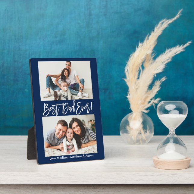 Modern Brush Script Bester Vater je 2 Foto Blau Fotoplatte (Seite)