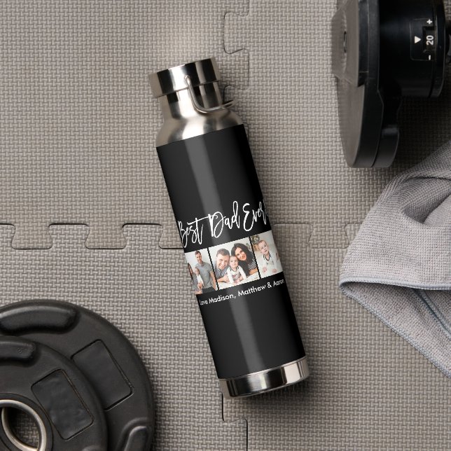 Modern Brush Script Bester Vater je 3 Foto Trinkflasche (Fitnessstudio)