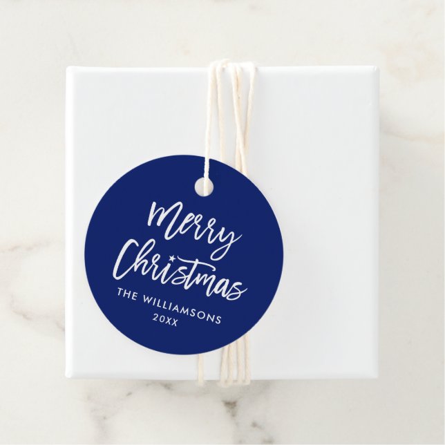 Modern Brush Script Christmas Star Blue Geschenkanhänger (Beispiel)