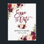 Modern Brush Script floral Burgundy Save the Date Ankündigungspostkarte<br><div class="desc">Modern Brush Script,  Watercolor Burgundy Floral,  Save the Date Verlobung Postcard</div>