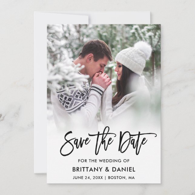 Modern Brush Script Foto Save the Date Karte B (Vorderseite)
