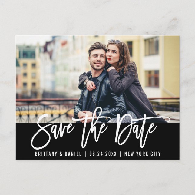 Modern Brush Script Foto Trendy Save the Date Postkarte (Vorderseite)