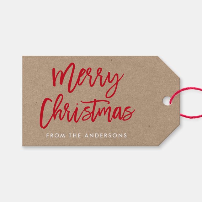 Modern Brush Script Frohe Weihnachten Kraft Geschenkanhänger (Vorderseite (Horizontal))