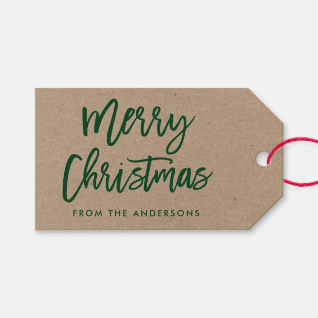 Modern Brush Script Frohe Weihnachten Kraft Green Geschenkanhänger (Vorderseite (Horizontal))