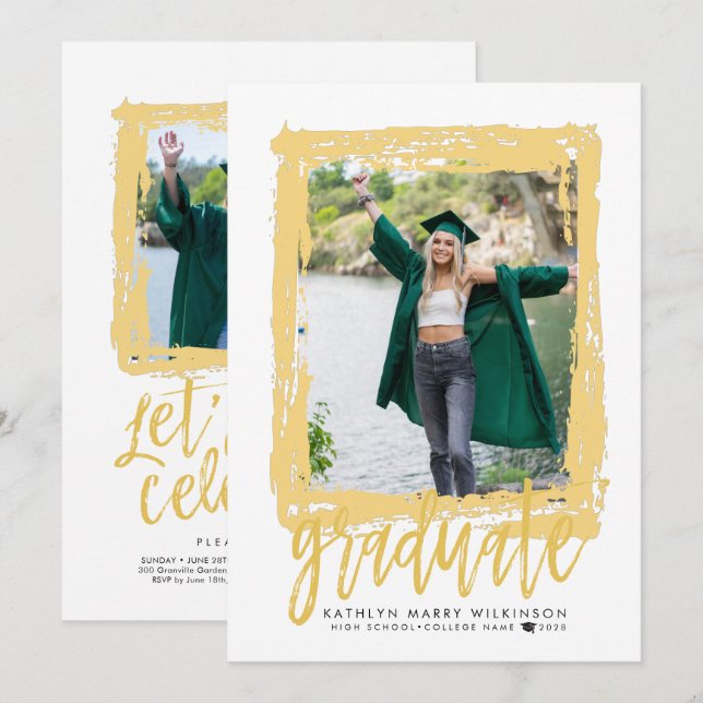 Modern Brush Script Gold 2 Foto Graduation Party Einladung (Vorne/Hinten)