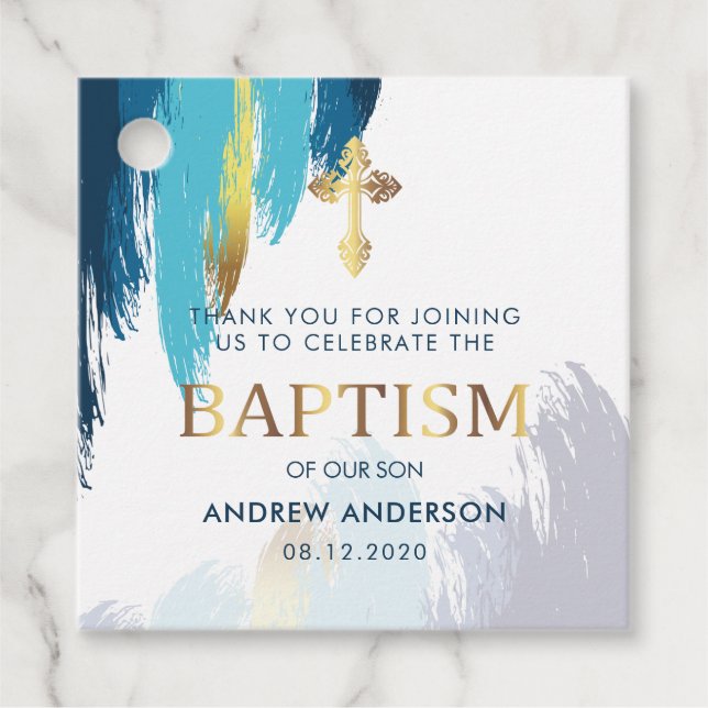 Modern Brush Script Gold & Blue Vielen Dank Taufe Geschenkanhänger (Vorderseite)