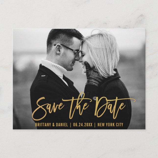 Modern Brush Script Gold Save the Date Foto Postkarte (Vorderseite)