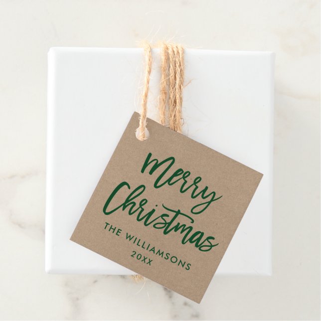 Modern Brush Script Green Christmas Kraft Square Geschenkanhänger (Beispiel)