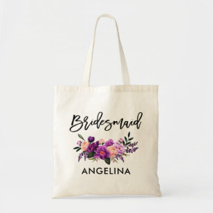 Modern Brush Script Lila floral Bridesmaid Tragetasche