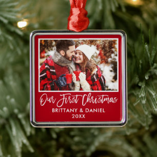 Modern Brush Script Our First Christmas Couple Red Ornament Aus Metall