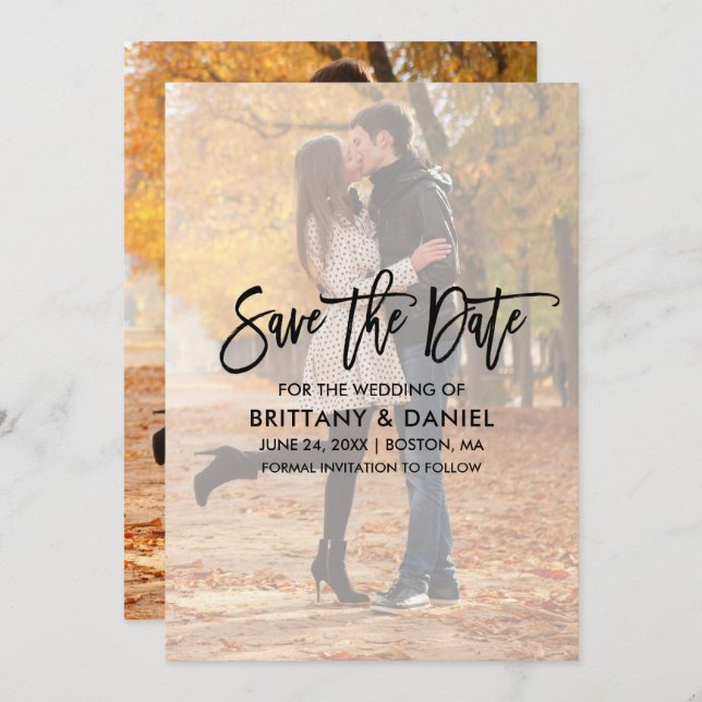 Modern Brush Script Overlay Save the Date Card (Vorne/Hinten)