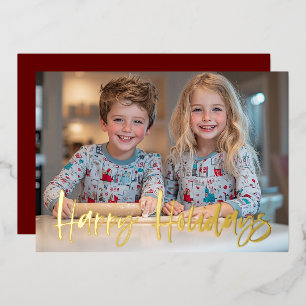 Modern Brush Script Red Custom Foto Christmas Folien Feiertagskarte