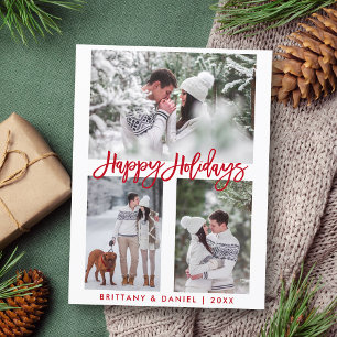 Modern Brush Script Red Happy Holidays 3 Foto Postkarte