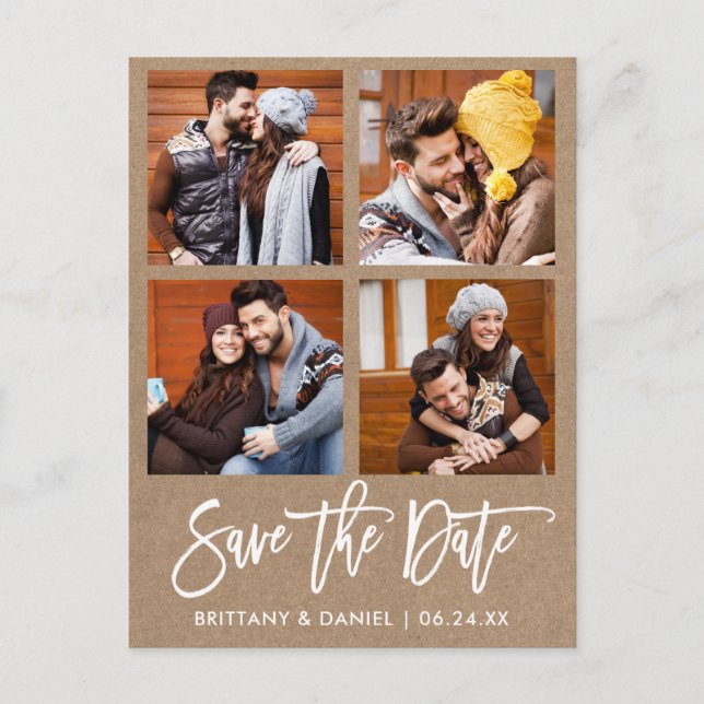 Modern Brush Script Save the Date 4 Foto Kraft Postkarte (Vorderseite)