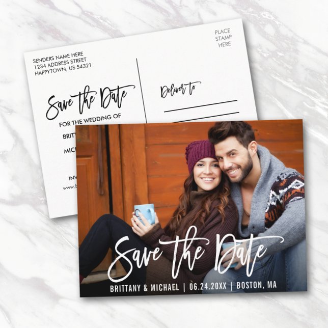 Modern Brush Script Save the Date Foto Postkarte (Customize to change your personalized text size or text style.)