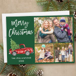 Modern Brush Script Truck 3 Foto Weihnachten Grün<br><div class="desc">Modern Brush Script Wasserfarbe Vintag Red Truck mit Weihnachtsbaum - Frohe Weihnachtsfamilie 3 Foto Green Card</div>