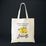 Modern Brush Script Wasserfarbe Limoncello Tragetasche<br><div class="desc">Moderne Pinselschrift Wasserfarben Zitronen,  wenn das Leben gibt Ihnen Zitronen machen Limoncello Tote Tasche</div>
