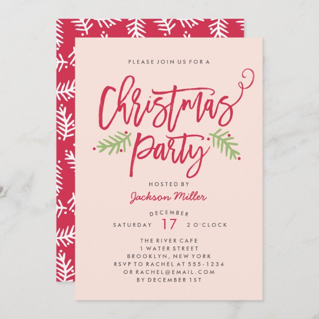 Modern Brush Script Weihnachtsfeier Blush Einladung (Vorne/Hinten)