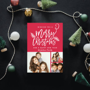 Modern Brush Script Weihnachtsfeiertag 3-Foto Rot Feiertagskarte
