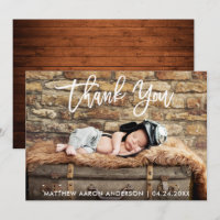 Modern Brush Script Wood New Baby Danke Karte