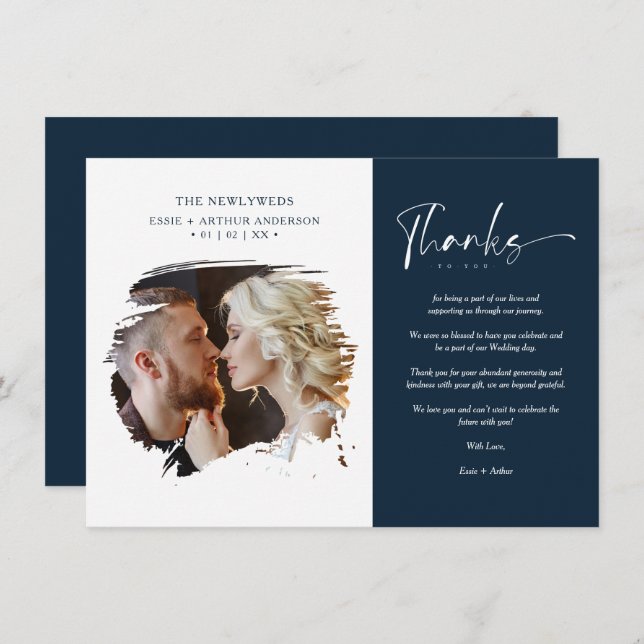 Modern Brushstoke Photo Newlyweds Couple Wedding  Dankeskarte (Vorne/Hinten)
