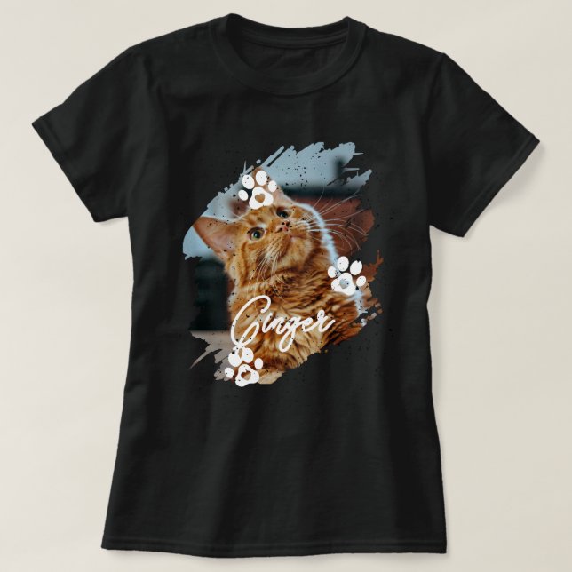 Modern Brushstroke Pet Cat Photo & Name T-Shirt (Design vorne)