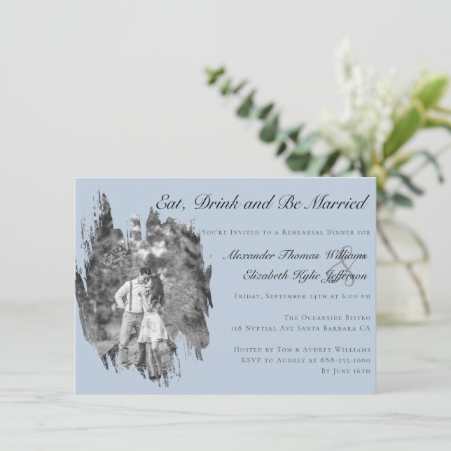 Modern Brushstroke Photo Blue Rehearsal Dinner  Einladung (Stehend Vorderseite)