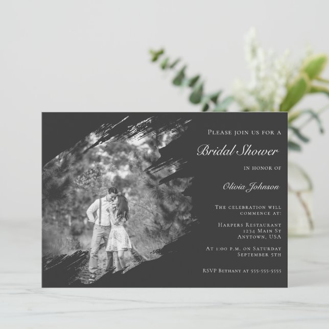 Modern Brushstroke Photo Bridal Shower Soft Black Einladung (Stehend Vorderseite)