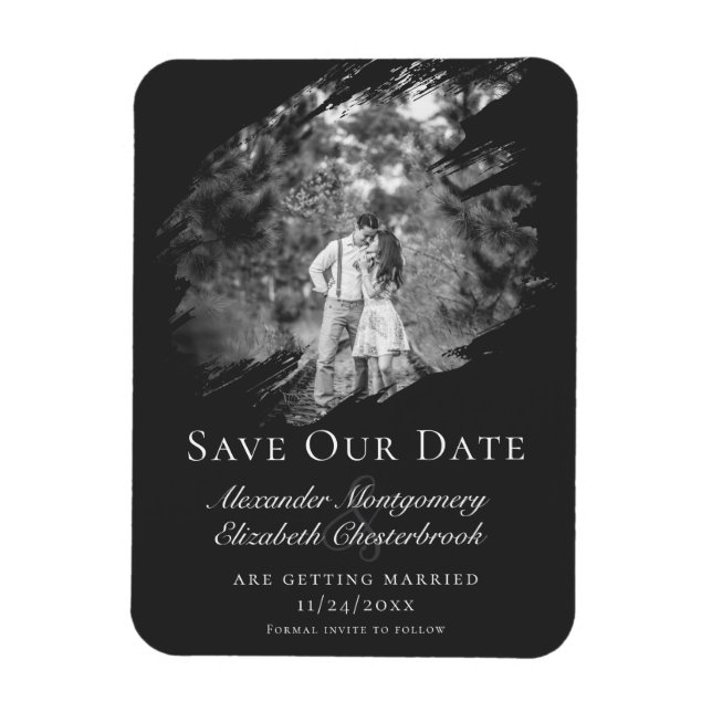 Modern Brushstroke Photo Save the Date Soft Black Magnet (Vertikal)