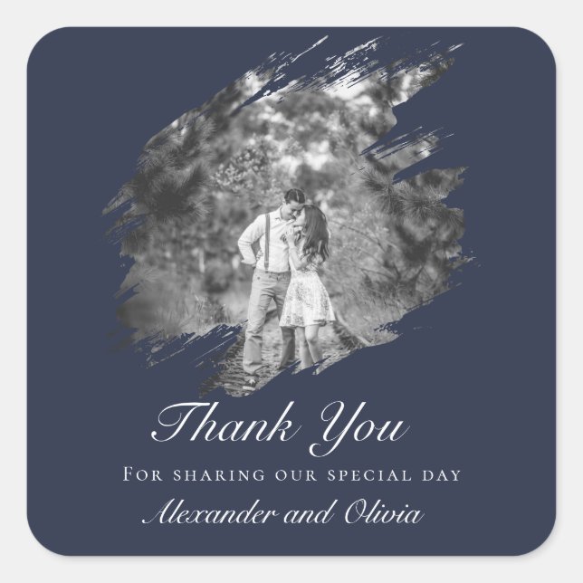 Modern Brushstroke Photo Wedding Favor Navy Blue Quadratischer Aufkleber (Vorderseite)