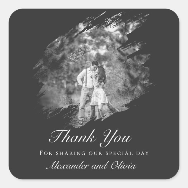 Modern Brushstroke Photo Wedding Favor Soft Black Quadratischer Aufkleber (Vorderseite)
