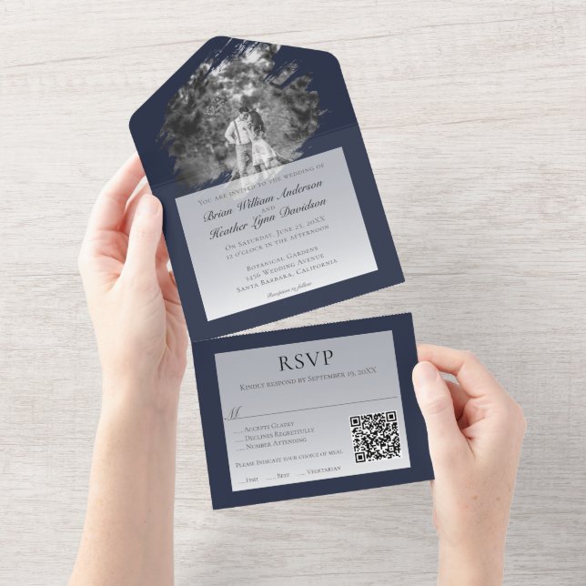 Modern Brushstroke Photo Wedding | Navy Blue All In One Einladung (Abreißen)