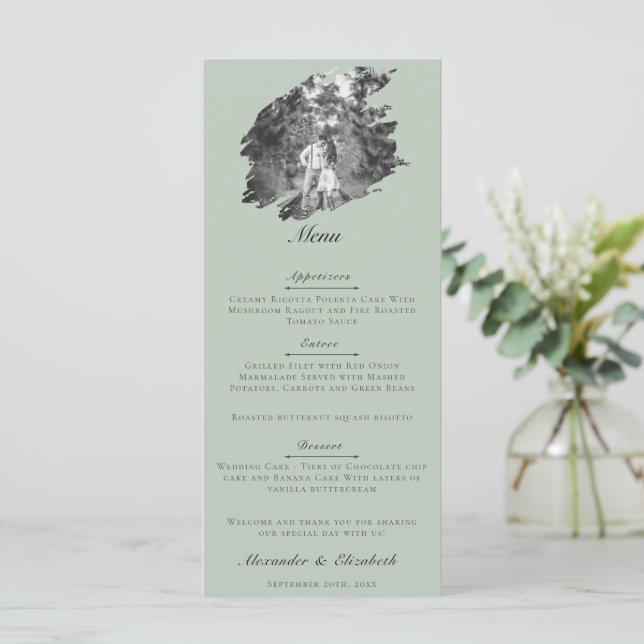 Modern Brushstroke Photo Wedding | Sage Green Menükarte (Stehend Vorderseite)