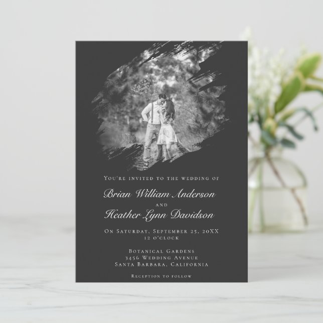 Modern Brushstroke Photo Wedding | Soft Black Einladung (Stehend Vorderseite)