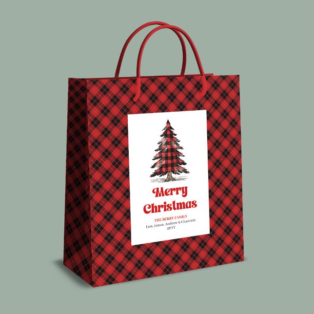 Modern buffalo gift bag custom name Christmas tree Mittlere Geschenktüte (Buffalo Christmas tree gift bag,
Red black plaid tartan Christmas,
Personalized watercolor Christmas)