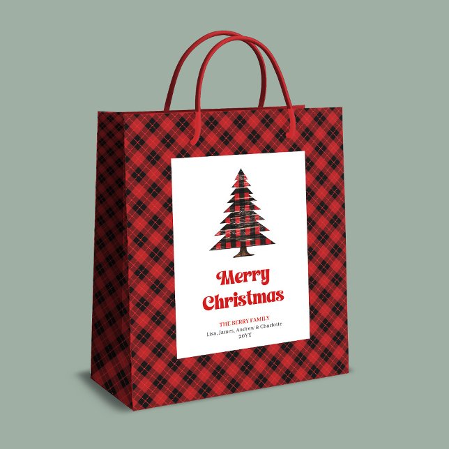 Modern buffalo plaid Christmas bag custom namе Mittlere Geschenktüte (Modern buffalo plaid Christmas bag with custom name)